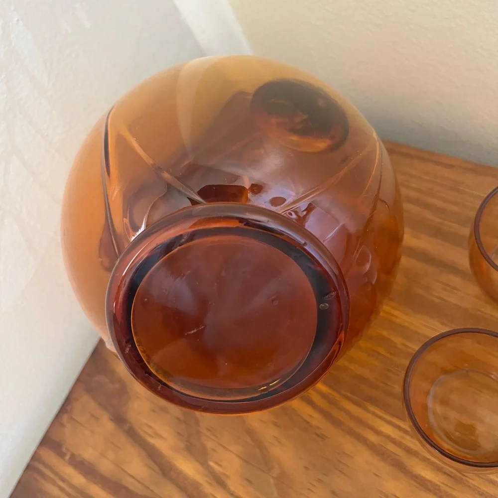 Vintage Cambridge Amber Glass Tilt Ball Cordial Decanter w/2 Glasses